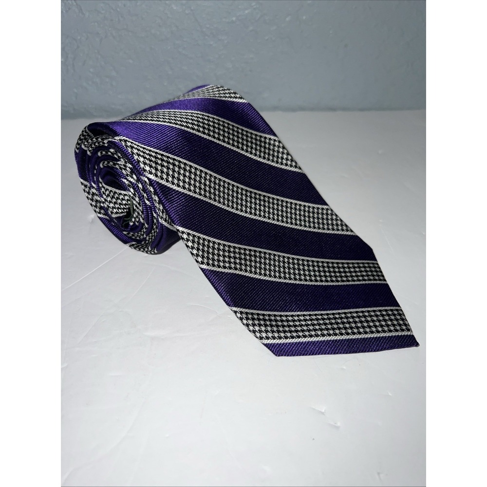 Ralph Lauren Handmade Silk Tie Black Silver Purple Stripe Men's Necktie 57"